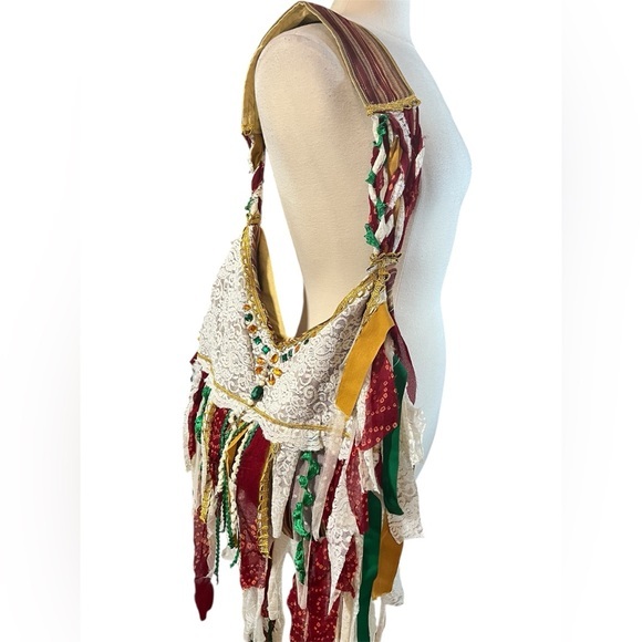 Handmade Handbags - Bohemian Gypsy Crossbody Bag w/gold,green,red stripes & cream lace and fringe